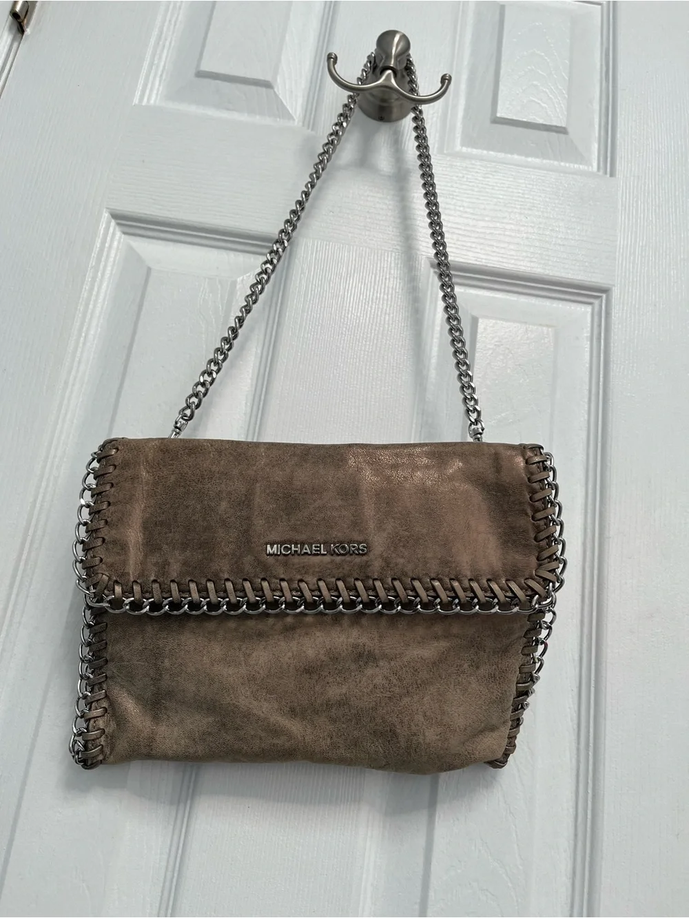 Michael Kors Distressed Leather Chain Trim Shoulder Clutch HandBag - Picture 1 of 17